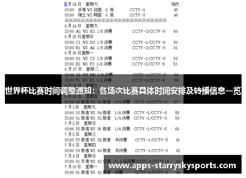 世界杯比赛时间调整通知：各场次比赛具体时间安排及转播信息一览